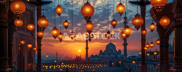 المصابيح المضيئة في الأجواء الرمضانية الروحانية, اكسسوارات و تحف مميزة للاحتفال بقدوم شهر الخير، صورة ظلية لزينة رمضان المبارك أثناء غروب الشمس، مجموعة من الفوانيس العربية التقليدية على خلفية المساجد الاسلامية, سالويت