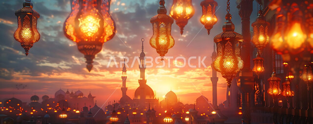 Luminous lamps in the spiritual Ramadan atmosphere, distinctive accessories and antiques to celebrate the coming of the month of goodness, a silhouette of the blessed Ramadan decorations during sunset, a group of traditional Arabic lanterns against the background of Islamic mosques, Salwit