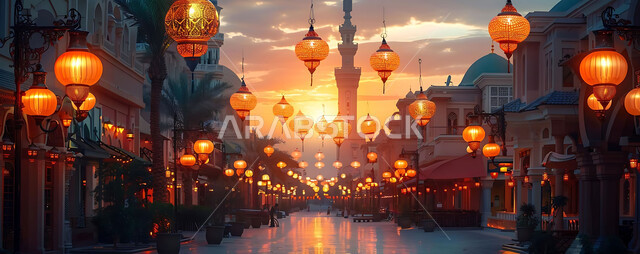 Luminous lamps in the spiritual Ramadan atmosphere, distinctive accessories and antiques to celebrate the coming of the month of goodness, a silhouette of the blessed Ramadan decorations during sunset, a group of traditional Arabic lanterns against the background of Islamic mosques, Salwit