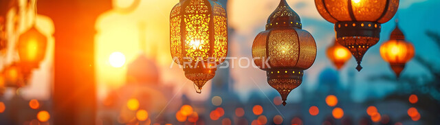 المصابيح المضيئة في الأجواء الرمضانية الروحانية, اكسسوارات و تحف مميزة للاحتفال بقدوم شهر الخير، صورة ظلية لزينة رمضان المبارك أثناء غروب الشمس، مجموعة من الفوانيس العربية التقليدية على خلفية المساجد الاسلامية, سالويت