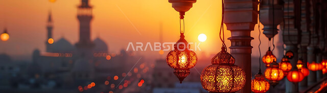 Luminous lamps in the spiritual Ramadan atmosphere, distinctive accessories and antiques to celebrate the coming of the month of goodness, a silhouette of the blessed Ramadan decorations during sunset, a group of traditional Arabic lanterns against the background of Islamic mosques, Salwit