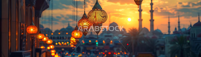 المصابيح المضيئة في الأجواء الرمضانية الروحانية, اكسسوارات و تحف مميزة للاحتفال بقدوم شهر الخير، صورة ظلية لزينة رمضان المبارك أثناء غروب الشمس، مجموعة من الفوانيس العربية التقليدية على خلفية المساجد الاسلامية, سالويت