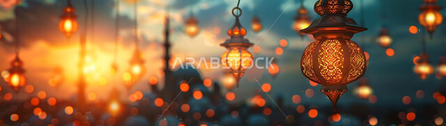 Luminous lamps in the spiritual Ramadan atmosphere, distinctive accessories and antiques to celebrate the coming of the month of goodness, a silhouette of the blessed Ramadan decorations during sunset, a group of traditional Arabic lanterns against the background of Islamic mosques, Salwit