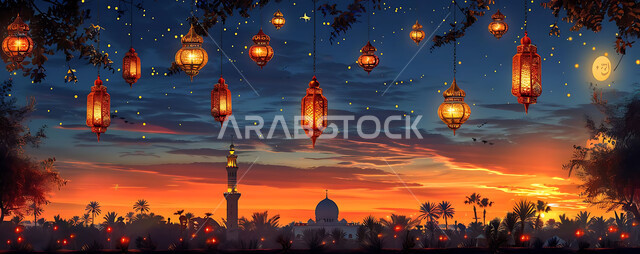 Luminous lamps in the spiritual Ramadan atmosphere, distinctive accessories and antiques to celebrate the coming of the month of goodness, a silhouette of the blessed Ramadan decorations during sunset, a group of traditional Arabic lanterns against the background of Islamic mosques, Salwit