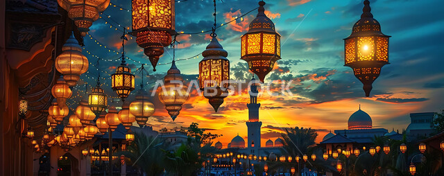 المصابيح المضيئة في الأجواء الرمضانية الروحانية, اكسسوارات و تحف مميزة للاحتفال بقدوم شهر الخير، صورة ظلية لزينة رمضان المبارك أثناء غروب الشمس، مجموعة من الفوانيس العربية التقليدية على خلفية المساجد الاسلامية, سالويت
