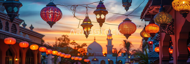 Luminous lamps in the spiritual Ramadan atmosphere, distinctive accessories and antiques to celebrate the coming of the month of goodness, a silhouette of the blessed Ramadan decorations during sunset, a group of traditional Arabic lanterns against the background of Islamic mosques, Salwit