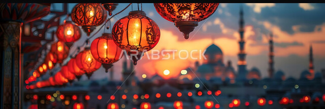 Luminous lamps in the spiritual Ramadan atmosphere, distinctive accessories and antiques to celebrate the coming of the month of goodness, a silhouette of the blessed Ramadan decorations during sunset, a group of traditional Arabic lanterns against the background of Islamic mosques, Salwit