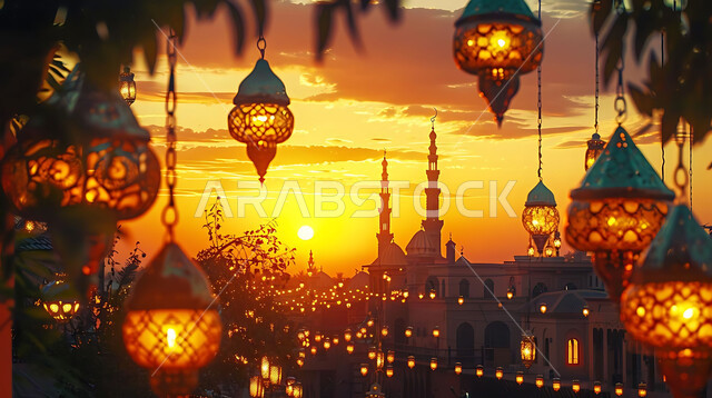 Luminous lamps in the spiritual Ramadan atmosphere, distinctive accessories and antiques to celebrate the coming of the month of goodness, a silhouette of the blessed Ramadan decorations during sunset, a group of traditional Arabic lanterns against the background of Islamic mosques, Salwit