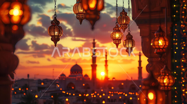 Luminous lamps in the spiritual Ramadan atmosphere, distinctive accessories and antiques to celebrate the coming of the month of goodness, a silhouette of the blessed Ramadan decorations during sunset, a group of traditional Arabic lanterns against the background of Islamic mosques, Salwit