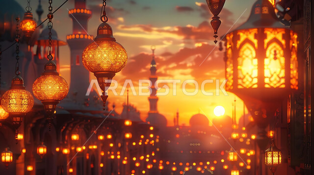 Luminous lamps in the spiritual Ramadan atmosphere, distinctive accessories and antiques to celebrate the coming of the month of goodness, a silhouette of the blessed Ramadan decorations during sunset, a group of traditional Arabic lanterns against the background of Islamic mosques, Salwit
