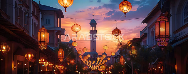 الاستعداد لاستقبال شهر رمضان المبارك, إضاءة وزينة الاعياد والمناسبات الدينية, أجواء روحانية رمضانية هادئة, صورة ظلية لفوانيس معدنية مزخرفة مضيئة معلقة أثناء غروب الشمس في المملكة العربية السعودية, خلفية المساجد الاسلامية, سيلوليت