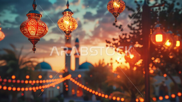 الاستعداد لاستقبال شهر رمضان المبارك, إضاءة وزينة الاعياد والمناسبات الدينية, أجواء روحانية رمضانية هادئة, صورة ظلية لفوانيس معدنية مزخرفة مضيئة معلقة أثناء غروب الشمس في المملكة العربية السعودية, خلفية المساجد الاسلامية, سيلوليت