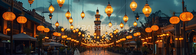الاستعداد لاستقبال شهر رمضان المبارك, إضاءة وزينة الاعياد والمناسبات الدينية, أجواء روحانية رمضانية هادئة, صورة ظلية لفوانيس معدنية مزخرفة مضيئة معلقة أثناء غروب الشمس في المملكة العربية السعودية, خلفية المساجد الاسلامية, سيلوليت