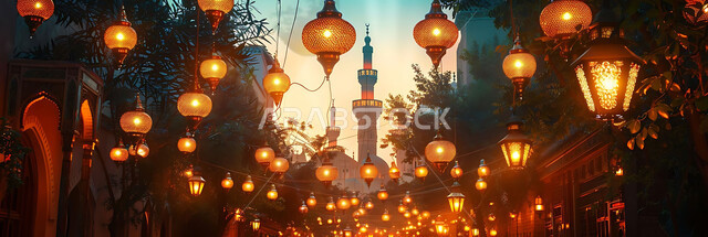 الاستعداد لاستقبال شهر رمضان المبارك, إضاءة وزينة الاعياد والمناسبات الدينية, أجواء روحانية رمضانية هادئة, صورة ظلية لفوانيس معدنية مزخرفة مضيئة معلقة أثناء غروب الشمس في المملكة العربية السعودية, خلفية المساجد الاسلامية, سيلوليت