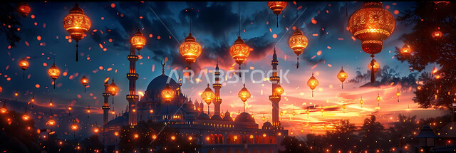 الاستعداد لاستقبال شهر رمضان المبارك, إضاءة وزينة الاعياد والمناسبات الدينية, أجواء روحانية رمضانية هادئة, صورة ظلية لفوانيس معدنية مزخرفة مضيئة معلقة أثناء غروب الشمس في المملكة العربية السعودية, خلفية المساجد الاسلامية, سيلوليت