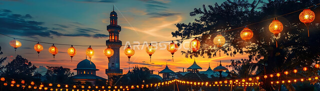 Preparing to welcome the holy month of Ramadan, lighting and decorations for holidays and religious occasions, a peaceful Ramadan spiritual atmosphere, silhouettes of illuminated decorative metal lanterns hanging during sunset in the Kingdom of Saudi Arabia, background of Islamic mosques, cellulite