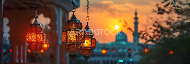 الاستعداد لاستقبال شهر رمضان المبارك, إضاءة وزينة الاعياد والمناسبات الدينية, أجواء روحانية رمضانية هادئة, صورة ظلية لفوانيس معدنية مزخرفة مضيئة معلقة أثناء غروب الشمس في المملكة العربية السعودية, خلفية المساجد الاسلامية, سيلوليت