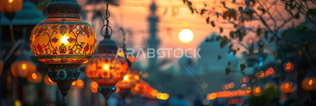 الاستعداد لاستقبال شهر رمضان المبارك, إضاءة وزينة الاعياد والمناسبات الدينية, أجواء روحانية رمضانية هادئة, صورة ظلية لفوانيس معدنية مزخرفة مضيئة معلقة أثناء غروب الشمس في المملكة العربية السعودية, خلفية المساجد الاسلامية, سيلوليت