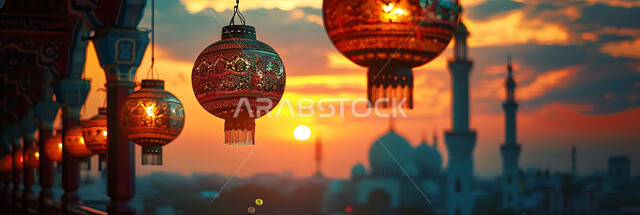 الاستعداد لاستقبال شهر رمضان المبارك, إضاءة وزينة الاعياد والمناسبات الدينية, أجواء روحانية رمضانية هادئة, صورة ظلية لفوانيس معدنية مزخرفة مضيئة معلقة أثناء غروب الشمس في المملكة العربية السعودية, خلفية المساجد الاسلامية, سيلوليت