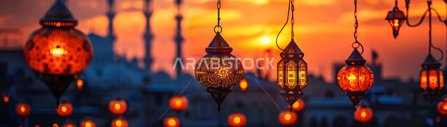 الاستعداد لاستقبال شهر رمضان المبارك, إضاءة وزينة الاعياد والمناسبات الدينية, أجواء روحانية رمضانية هادئة, صورة ظلية لفوانيس معدنية مزخرفة مضيئة معلقة أثناء غروب الشمس في المملكة العربية السعودية, خلفية المساجد الاسلامية, سيلوليت