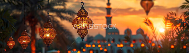 Preparing to welcome the holy month of Ramadan, lighting and decorations for holidays and religious occasions, a peaceful Ramadan spiritual atmosphere, silhouettes of illuminated decorative metal lanterns hanging during sunset in the Kingdom of Saudi Arabia, background of Islamic mosques, cellulite