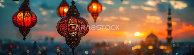 الاستعداد لاستقبال شهر رمضان المبارك, إضاءة وزينة الاعياد والمناسبات الدينية, أجواء روحانية رمضانية هادئة, صورة ظلية لفوانيس معدنية مزخرفة مضيئة معلقة أثناء غروب الشمس في المملكة العربية السعودية, خلفية المساجد الاسلامية, سيلوليت