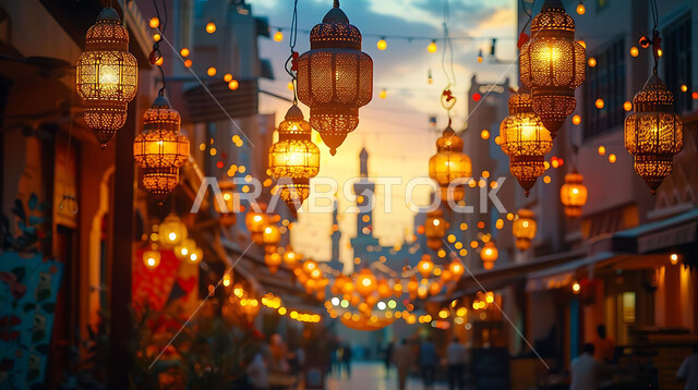 الاستعداد لاستقبال شهر رمضان المبارك, إضاءة وزينة الاعياد والمناسبات الدينية, أجواء روحانية رمضانية هادئة, صورة ظلية لفوانيس معدنية مزخرفة مضيئة معلقة أثناء غروب الشمس في المملكة العربية السعودية, خلفية المساجد الاسلامية, سيلوليت