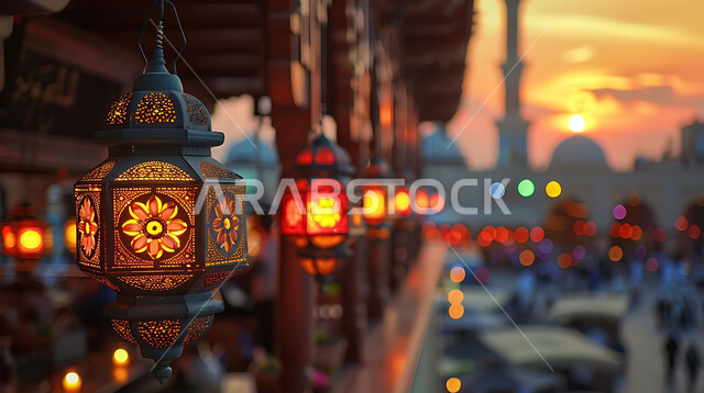 Preparing to welcome the holy month of Ramadan, lighting and decorations for holidays and religious occasions, a peaceful Ramadan spiritual atmosphere, silhouettes of illuminated decorative metal lanterns hanging during sunset in the Kingdom of Saudi Arabia, background of Islamic mosques, cellulite