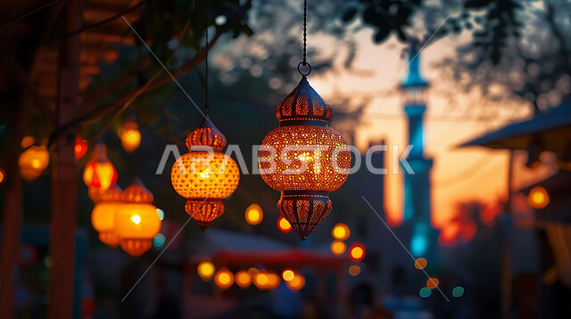الاستعداد لاستقبال شهر رمضان المبارك, إضاءة وزينة الاعياد والمناسبات الدينية, أجواء روحانية رمضانية هادئة, صورة ظلية لفوانيس معدنية مزخرفة مضيئة معلقة أثناء غروب الشمس في المملكة العربية السعودية, خلفية المساجد الاسلامية, سيلوليت