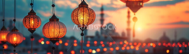 الاستعداد لاستقبال شهر رمضان المبارك, إضاءة وزينة الاعياد والمناسبات الدينية, أجواء روحانية رمضانية هادئة, صورة ظلية لفوانيس معدنية مزخرفة مضيئة معلقة أثناء غروب الشمس في المملكة العربية السعودية, خلفية المساجد الاسلامية, سيلوليت