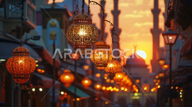 الاستعداد لاستقبال شهر رمضان المبارك, إضاءة وزينة الاعياد والمناسبات الدينية, أجواء روحانية رمضانية هادئة, صورة ظلية لفوانيس معدنية مزخرفة مضيئة معلقة أثناء غروب الشمس في المملكة العربية السعودية, خلفية المساجد الاسلامية, سيلوليت