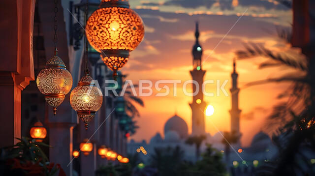 الاستعداد لاستقبال شهر رمضان المبارك, إضاءة وزينة الاعياد والمناسبات الدينية, أجواء روحانية رمضانية هادئة, صورة ظلية لفوانيس معدنية مزخرفة مضيئة معلقة أثناء غروب الشمس في المملكة العربية السعودية, خلفية المساجد الاسلامية, سيلوليت
