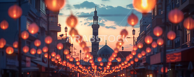 التصميم الهندسي العربي التقليدي للمصابيح المعدنية, اضاءة وزينة الأعياد والمناسبات الدينية, بهجة المسلمين لاستقبال شهر رمضان المبارك, الأجواء الروحانية الرمضانية, صورة ظلية للفوانيس المضيئة المعلقة على خلفية المساجد الاسلامية أثناء غروب الشمس, سيلوليت