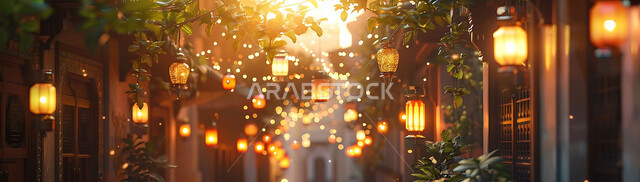 التصميم الهندسي العربي التقليدي للمصابيح المعدنية, اضاءة وزينة الأعياد والمناسبات الدينية, بهجة المسلمين لاستقبال شهر رمضان المبارك, الأجواء الروحانية الرمضانية, صورة ظلية للفوانيس المضيئة المعلقة على خلفية المساجد الاسلامية أثناء غروب الشمس, سيلوليت
