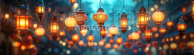 The traditional Arab geometric design of metal lamps, lighting and decoration for holidays and religious occasions, the joy of Muslims to welcome the holy month of Ramadan, the spiritual atmosphere of Ramadan, silhouettes of illuminated lanterns hanging on the background of Islamic mosques during sunset, cellulite