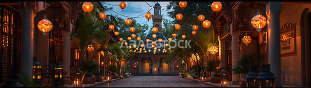 التصميم الهندسي العربي التقليدي للمصابيح المعدنية, اضاءة وزينة الأعياد والمناسبات الدينية, بهجة المسلمين لاستقبال شهر رمضان المبارك, الأجواء الروحانية الرمضانية, صورة ظلية للفوانيس المضيئة المعلقة على خلفية المساجد الاسلامية أثناء غروب الشمس, سيلوليت