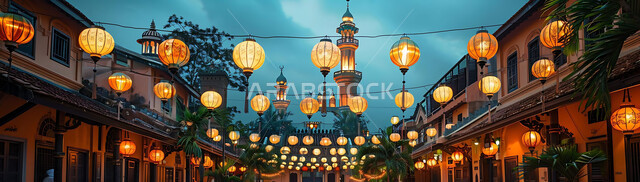 التصميم الهندسي العربي التقليدي للمصابيح المعدنية, اضاءة وزينة الأعياد والمناسبات الدينية, بهجة المسلمين لاستقبال شهر رمضان المبارك, الأجواء الروحانية الرمضانية, صورة ظلية للفوانيس المضيئة المعلقة على خلفية المساجد الاسلامية أثناء غروب الشمس, سيلوليت