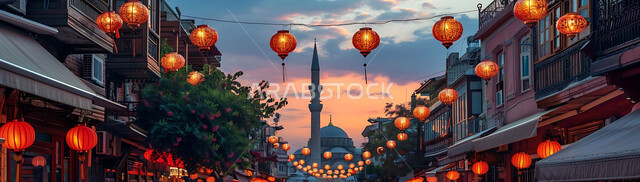 The traditional Arab geometric design of metal lamps, lighting and decoration for holidays and religious occasions, the joy of Muslims to welcome the holy month of Ramadan, the spiritual atmosphere of Ramadan, silhouettes of illuminated lanterns hanging on the background of Islamic mosques during sunset, cellulite