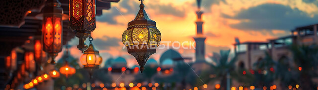 التصميم الهندسي العربي التقليدي للمصابيح المعدنية, اضاءة وزينة الأعياد والمناسبات الدينية, بهجة المسلمين لاستقبال شهر رمضان المبارك, الأجواء الروحانية الرمضانية, صورة ظلية للفوانيس المضيئة المعلقة على خلفية المساجد الاسلامية أثناء غروب الشمس, سيلوليت