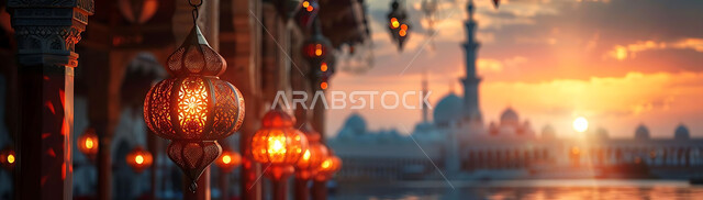 التصميم الهندسي العربي التقليدي للمصابيح المعدنية, اضاءة وزينة الأعياد والمناسبات الدينية, بهجة المسلمين لاستقبال شهر رمضان المبارك, الأجواء الروحانية الرمضانية, صورة ظلية للفوانيس المضيئة المعلقة على خلفية المساجد الاسلامية أثناء غروب الشمس, سيلوليت