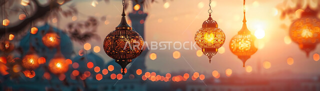 The traditional Arab geometric design of metal lamps, lighting and decoration for holidays and religious occasions, the joy of Muslims to welcome the holy month of Ramadan, the spiritual atmosphere of Ramadan, silhouettes of illuminated lanterns hanging on the background of Islamic mosques during sunset, cellulite