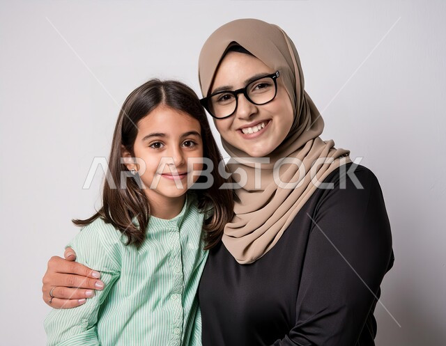 تعابير السعادة والسرور أثناء النظر الى الكاميرا، مشاعر الأمان والحب مع العائلة، مفهوم العاطفة عند الأمهات، بورتريه مقرب لامرأة عربية خليجية سعودية محجبة تحضن ابنتها بحب وحنان، خلفية بيضاء