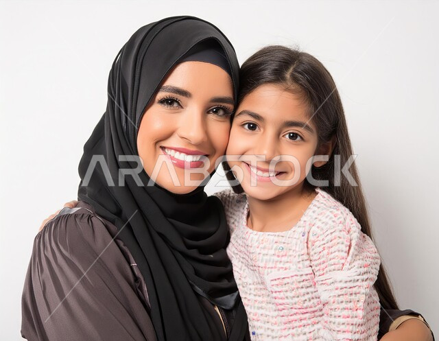 مشاعر الأمان والحب مع العائلة، مفهوم العاطفة عند الأمهات، بورتريه مقرب لامرأة عربية خليجية سعودية محجبة تحضن ابنتها بحب وحنان، النظر الى الكاميرا بايماءات السعادة والسرور، خلفية بيضاء