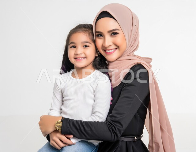 مفهوم العاطفة عند الأمهات، الشعور بالأمان والحب مع العائلة، بورتريه مقرب لامرأة عربية خليجية سعودية محجبة تحضن ابنتها بحب وحنان، النظر الى الكاميرا بايماءات السعادة والسرور، خلفية بيضاء