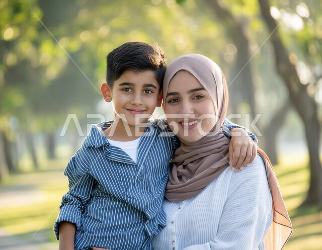 روابط المحبة والتماسك الأسري، الاستمتاع بقضاء الوقت في الحديقة مع الأطفال، تربية الأبناء والاهتمام بهم، صورة مقربة لأم عربية خليجية سعودية محجبة تحضن ابنها بحب، مفهوم العطف والحنان عند الأمهات