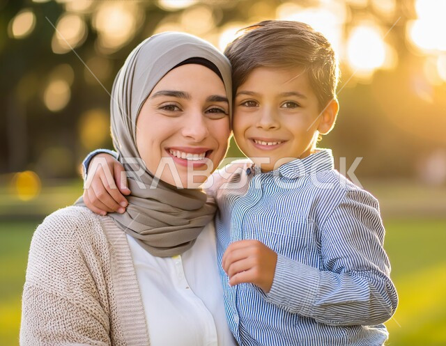 الاستمتاع بقضاء الوقت في الحديقة مع الأطفال، تربية الأبناء والاهتمام بهم، تقوية روابط المحبة والتماسك الأسري، صورة مقربة لأم عربية خليجية سعودية محجبة تحضن ابنها بحب، مفهوم العطف والحنان عند الأمهات