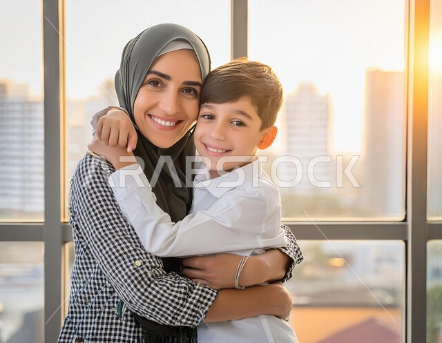  قضاء أوقات ممتعة مع الأولاد، تحمل المسؤوليه ودور الأسرة السعوديه في تربيه الأبناء, النظر الى الكاميرا بإيماءات السعادة والسرور، صورة مقربة لأم عربية سعودية خليجية محجبة تقوم باحتضان ابنها بحب، مفهوم الأمومة والطفولة
