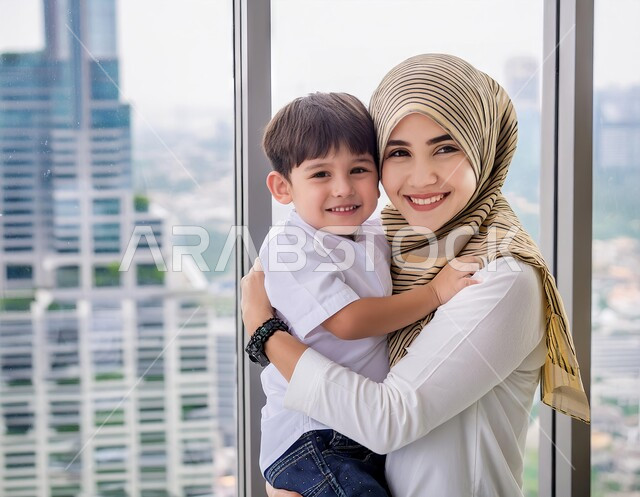 تحمل المسؤوليه ودور الأسرة السعوديه في تربيه الأبناء, قضاء أوقات ممتعة مع الأولاد، النظر الى الكاميرا بإيماءات السعادة والسرور، صورة مقربة لأم عربية سعودية خليجية محجبة تقوم باحتضان ابنها بحب، مفهوم الأمومة والطفولة