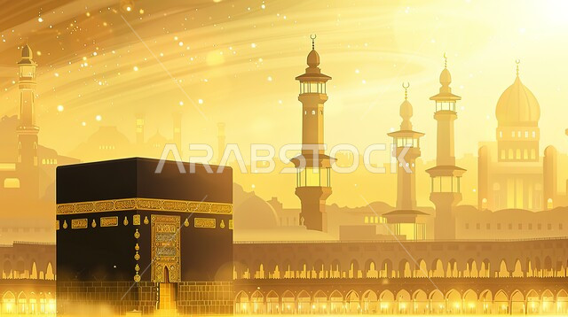 أشعة الشمس الذهبية المنعكسة على ساحة الحرم المكي، رسم توضيحي ثلاثي الأبعاد للكعبة المشرفة في مكة المكرمة، معالم واماكن دينية إسلامية مقدسة، المسجد الحرام في المملكة العربية السعودية، العبادة والتقرب إلى الله