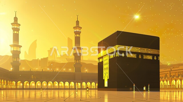 A three-dimensional illustration of the Holy Kaaba in Mecca, sacred Islamic religious landmarks and places, the Grand Mosque in the Kingdom of Saudi Arabia, worship and closeness to God, the golden rays of the sun reflected in the courtyard of the Holy Mosque in Mecca
